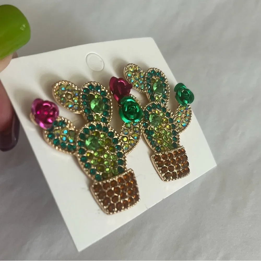 Cactus earrings crystals flowers NEW multicolored statement earrings desert - Picture 3 of 7